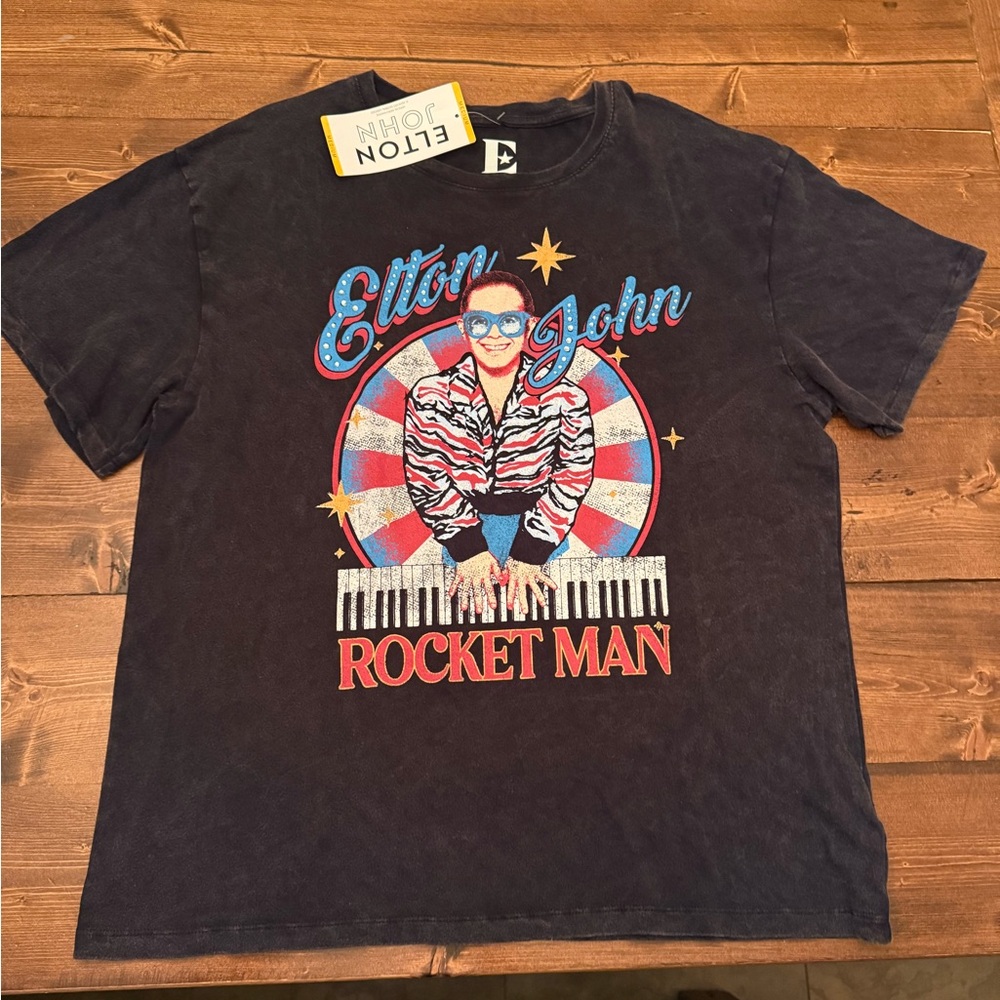 Elton John Rocket Man Graphic Tee - Black with Red & Blue Accents